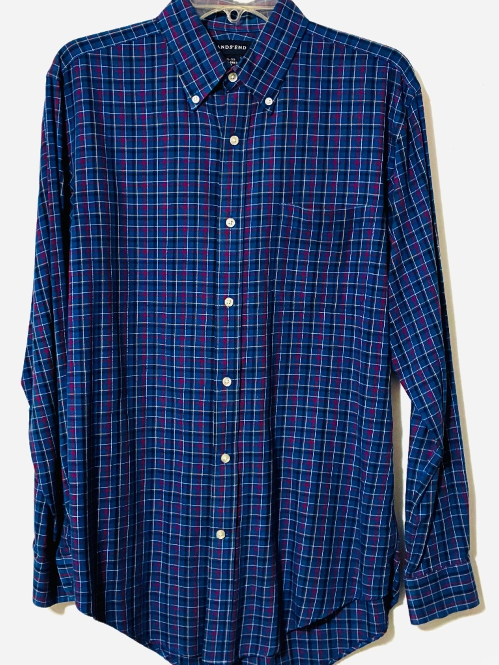 LANDS END MENS CASUAL SHIRT SZ 15X33 BLUE W/RED CHECK L/SLVE 100% COTTON